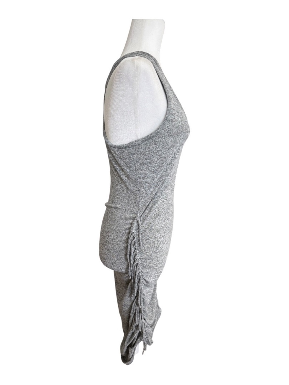 Express Sleeveless Bodycon Dress Heather Gray Ruched Fringe Side Midi M - Picture 3 of 8